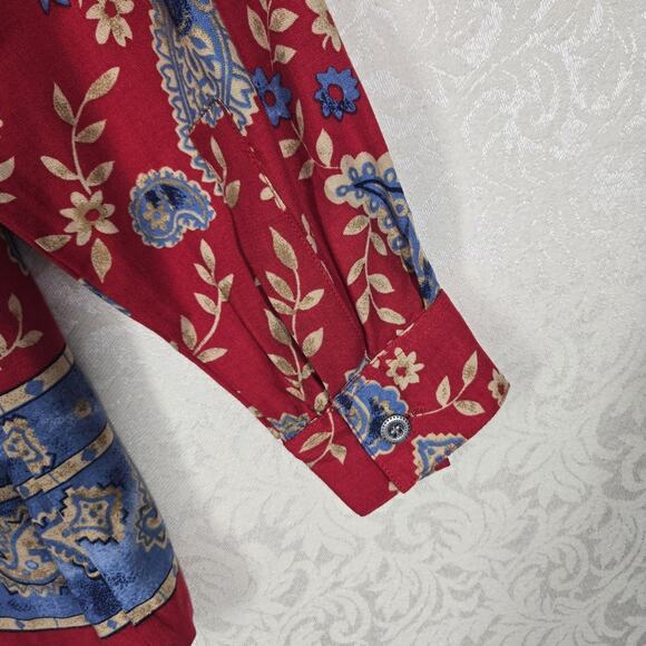 VTG Capacity Top Shirt Shacket M Red Blue Paisley Floral Mixed Denim Collar - Picture 10 of 16